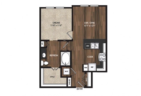 Floor plan for 1 bed, 1 bath, 698 sqft